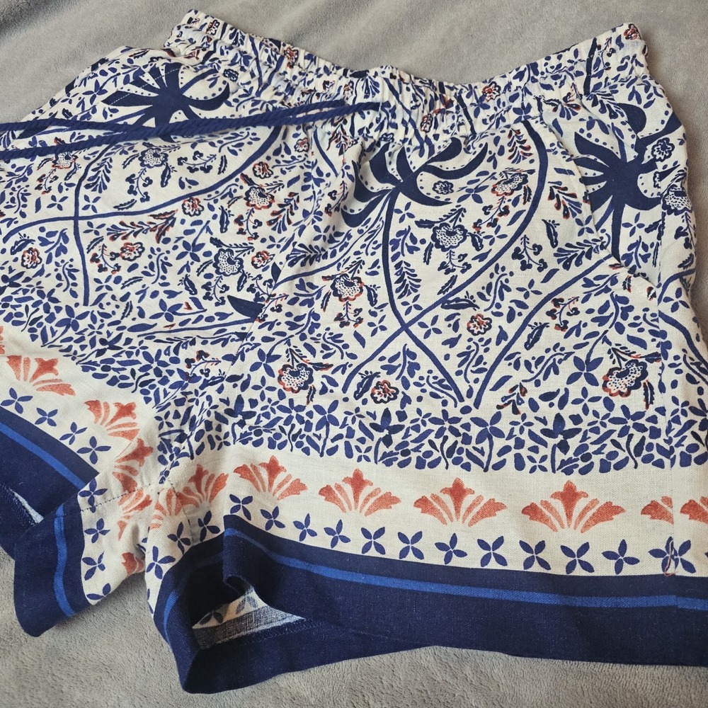 Joie Women's Linen Blend Boho Floral Shorts Blue White High Waist Beaded L - Picture 2 of 8
